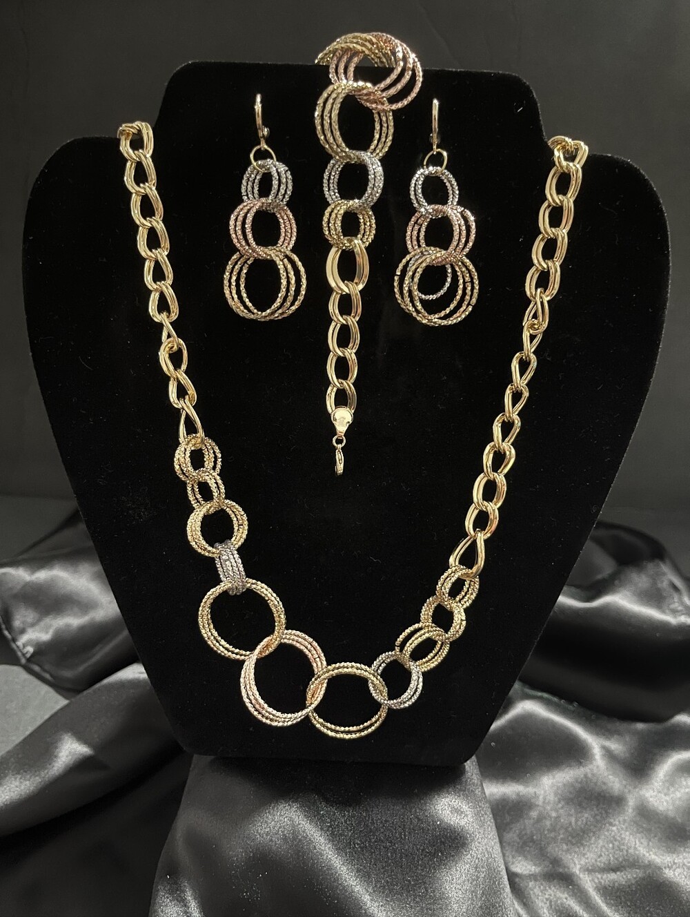 Tri-Tone Gold Filled Link 3-Piece Necklace, Bracelet & Earring Set